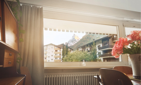 Zermatt Murini Loft lounge view of the Matterhorn