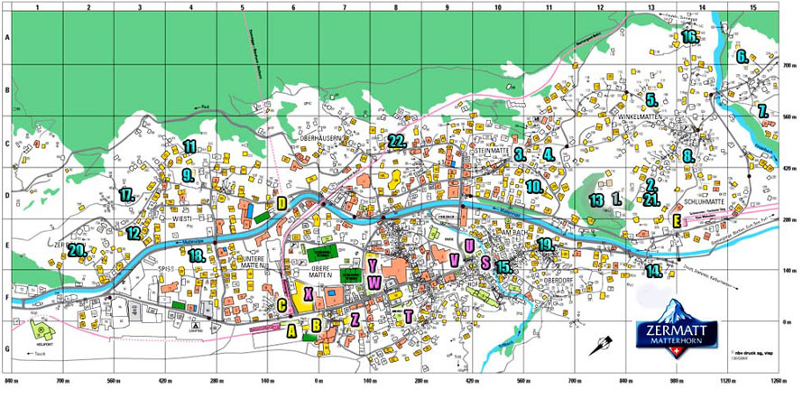 Map of Zermatt showing ZAR Apartment locations and other points of interest.